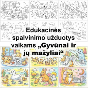 Edukacinės spalvinimo užduotys vaikams „Gyvūnai ir jų mažyliai“