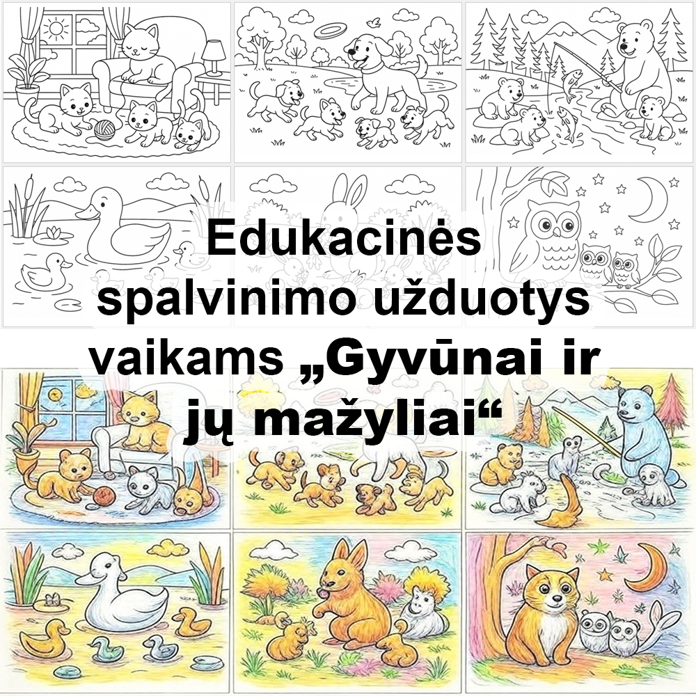 Edukacinės spalvinimo užduotys vaikams „Gyvūnai ir jų mažyliai“