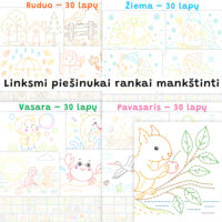 Linksmi piešinukai rankai mankštinti 120 lapų: rudeniui, žiemai, pavasariui, vasarai