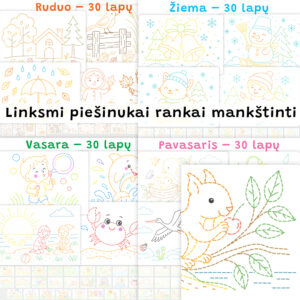 Linksmi piešinukai rankai mankštinti 120 lapų: rudeniui, žiemai, pavasariui, vasarai