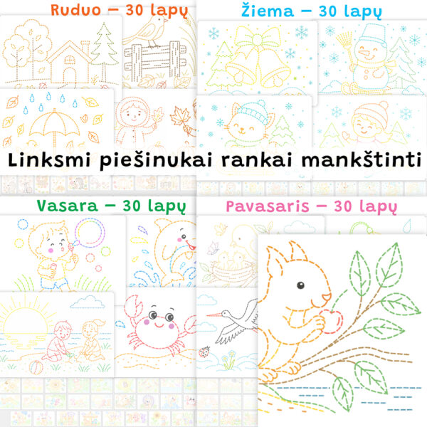 Linksmi piešinukai rankai mankštinti 120 lapų: rudeniui, žiemai, pavasariui, vasarai