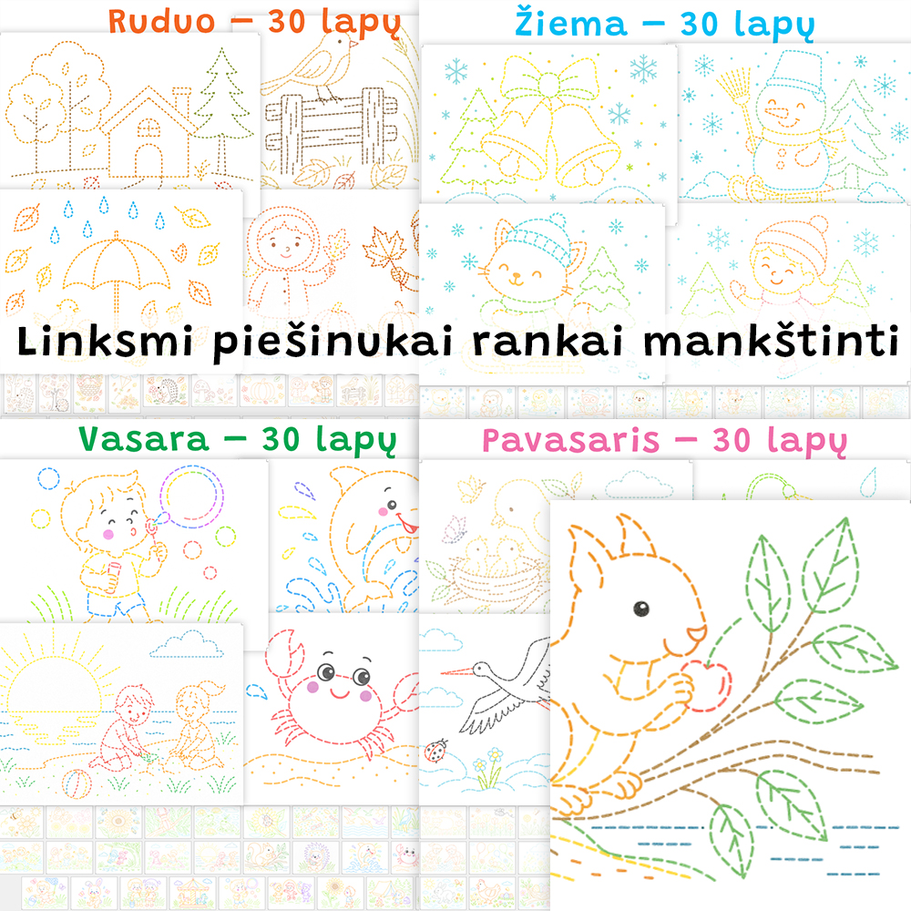 Linksmi piešinukai rankai mankštinti 120 lapų: rudeniui, žiemai, pavasariui, vasarai