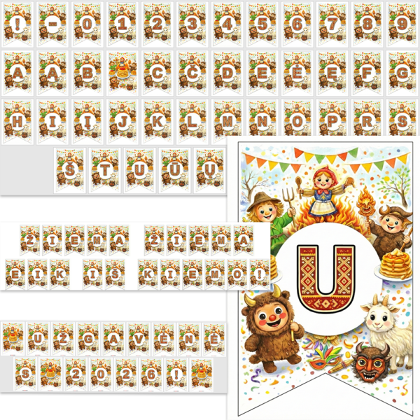 Sukurkite smagią Užgavėnių dekoraciją per kelias minutes! Šios ryškios, vaikams labai patrauklios vėliavėlės su Užgavėnių personažais, blynais ir kaukėmis puikiai tiks darželiui, klasei ar namų šventei – galėsite sudėlioti užrašą „ŽIEMA ŽIEMA EIK IŠ KIEMO!“ (ar bet kokį kitą tekstą, pvz., „UŽGAVĖNĖS 2026!“). Kas įeina į rinkinį: Visos lietuviškos abėcėlės raidės (įskaitant: Ą, Č, Ę, Ė, Į, Š, Ų, Ū, Ž) Skaičiai 0–9 Simboliai: ! ir - Tuščia vėliavėlė (jei norėsite tarpo ar papildomo dekoro) Kiekviena vėliavėlė A4 formate (portrait), su aiškiu kontūru kirpimui Už vėliavėlės ribų – švarus baltas #FFFFFF fonas (be „triukšmo“) Kaip naudoti: Atsisiųskite failus → 2) Atsispausdinkite (rekomenduoju storesnį popierių 160–250 g) → Iškirpkite → 4) Prakiškite virvelę / priklijuokite prie juostelės → 5) Pakabinkite! Puikiai tinka: Užgavėnių šventei, „Žiemos varymo“ dekorui Klasės / darželio foto kampeliui Sienai, lentai, langui ar šventiniam stalui papuošti