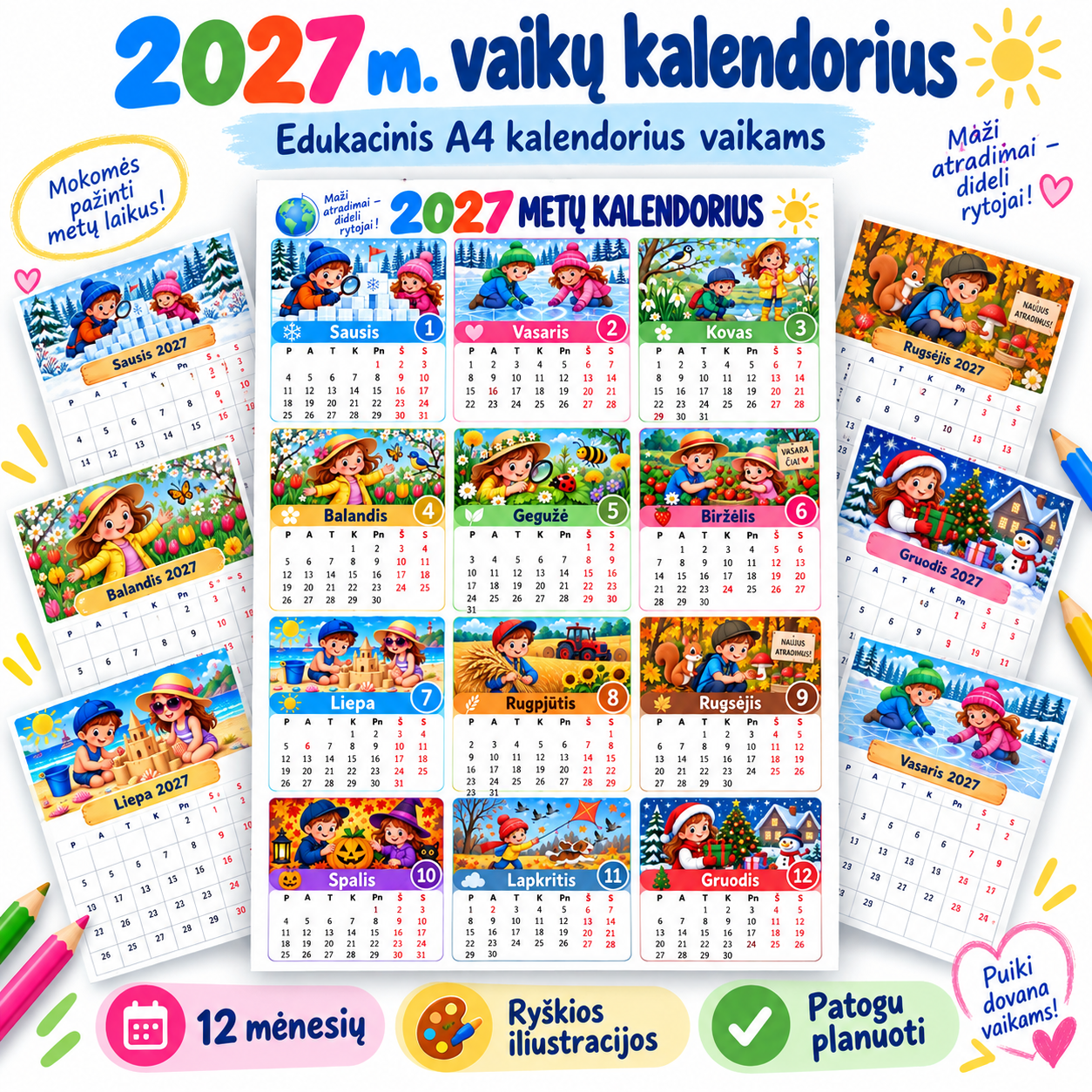 2027 Metų Linksmas ir Ryškus Kalendorius Vaikams