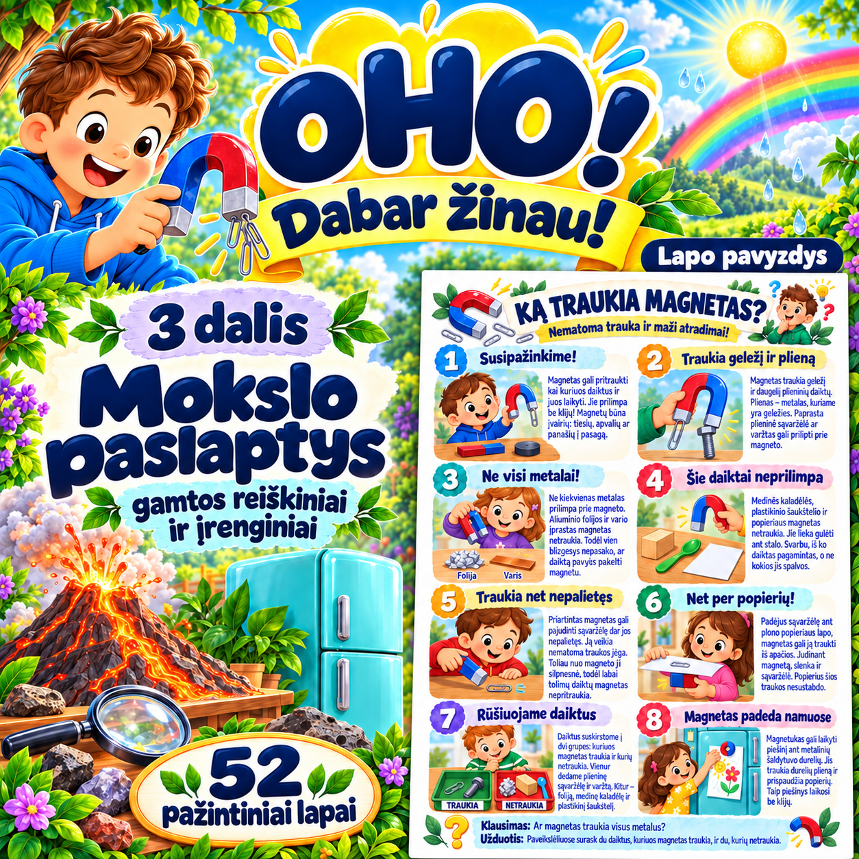 OHO! Dabar žinau! 3 dalis. Mokslo paslaptys: gamtos reiškiniai ir įrenginiai — 52 lapai